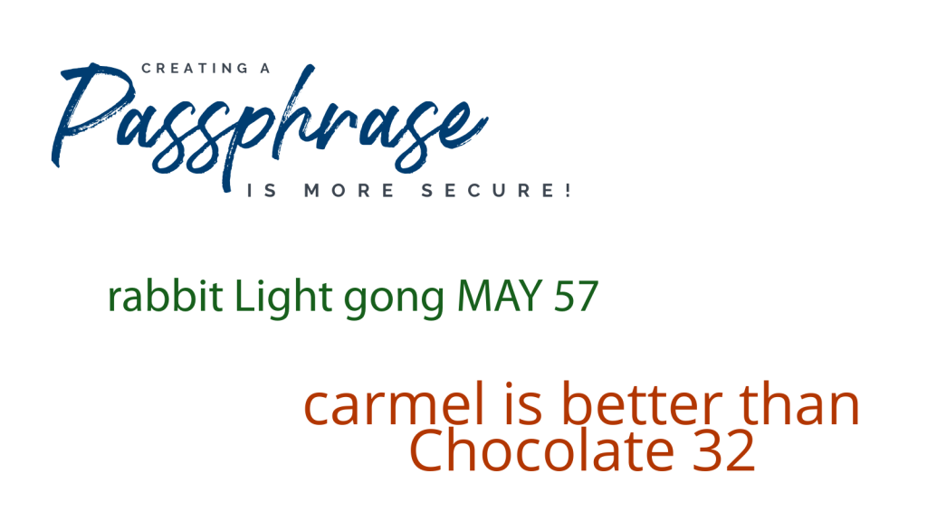 creating a passphrase is more secure.  examples shown like "rabbit Long gong MAY 57"