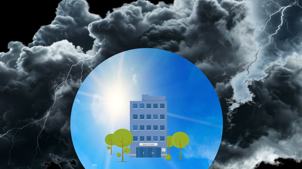 Image of a business in a bubble of blue skies and sunshine with dark clouds and lightening outside the bubble