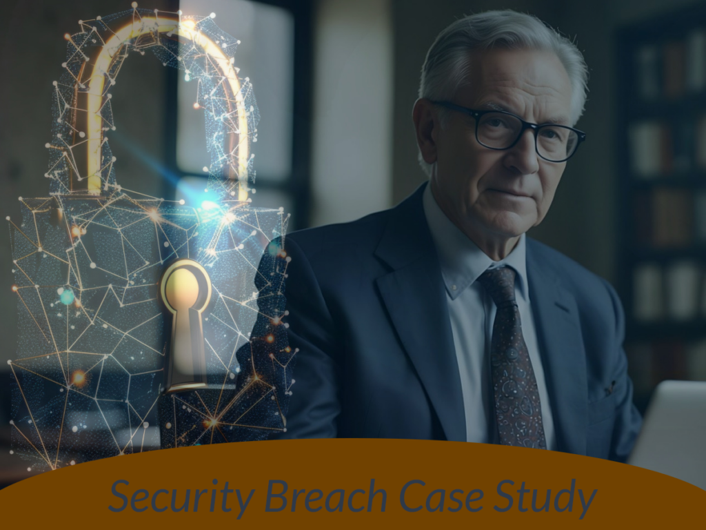 An older business owner in a traditional office, to the left is a large lock encased in glowing circuits symbolizing modern technology and services fighting against cybersecurity threats