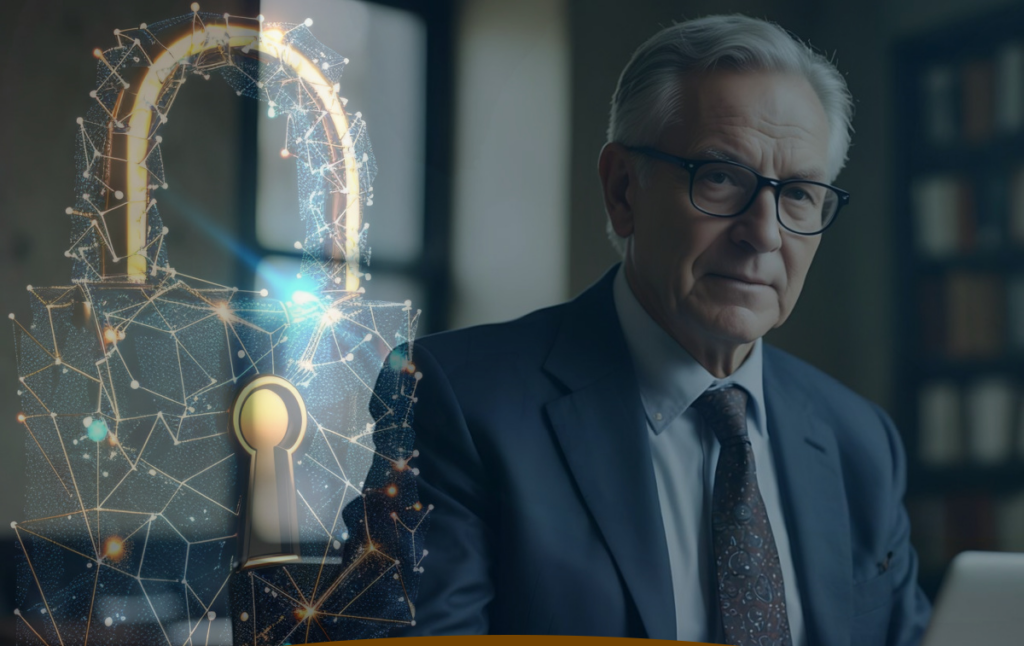 An older business owner in a traditional office, to the left is a large lock encased in glowing circuits symbolizing modern technology and services fighting against cybersecurity threats