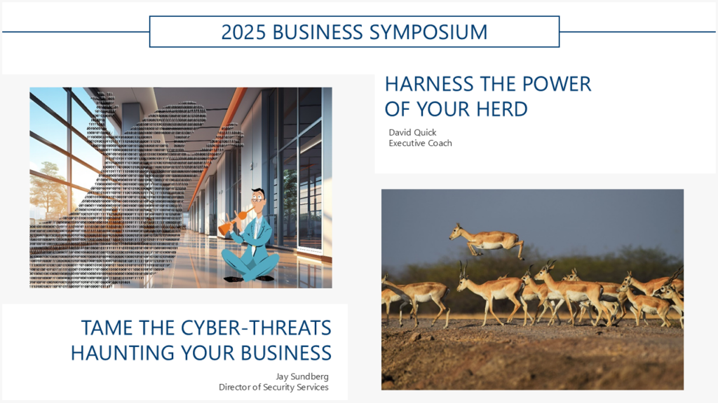 Image of a business person taming a cyber monster + an antelope leaping above the herd